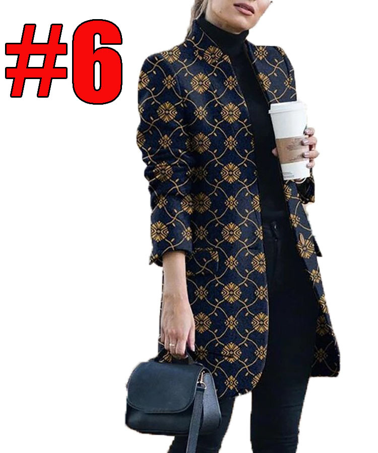 Fashion printed stand-collar woolen coat
