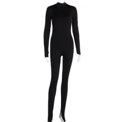 Casual fashion long sleeve zipper sports Jumpsuit - Black - View 1