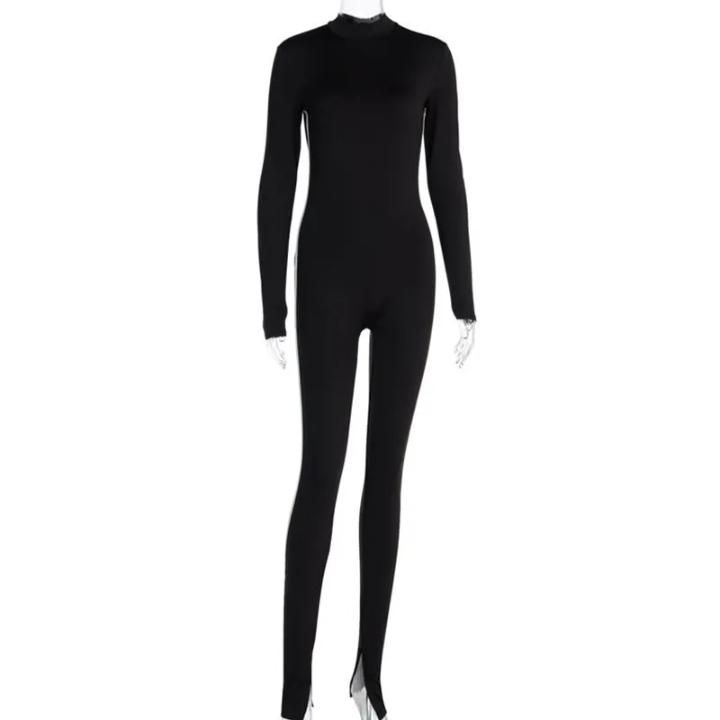 Casual fashion long sleeve zipper sports Jumpsuit - Black
