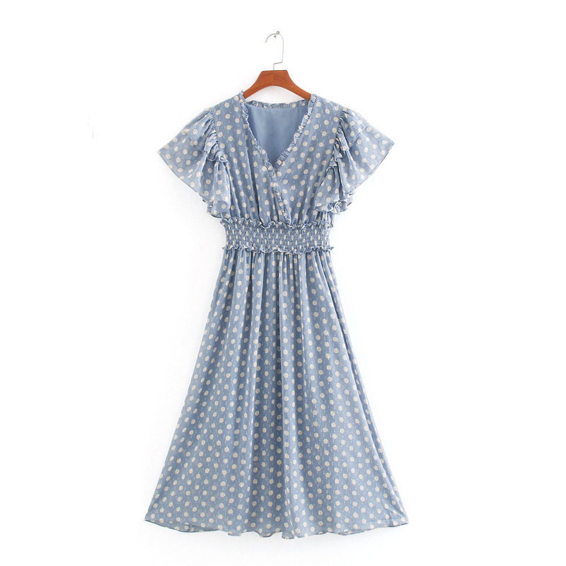 European and American style V-neck retro wave dot dress