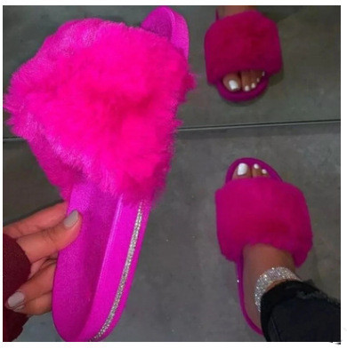 Spring/Summer New Rhinestone Flat Bottom Oversized Furry Sandals and Slippers
