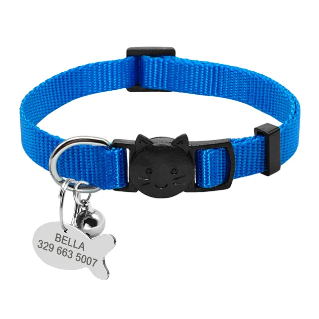 Personalized Safety Breakaway Nylon Quick Release Cat Collar ID Tag Set Blue - Shop at LoveMi