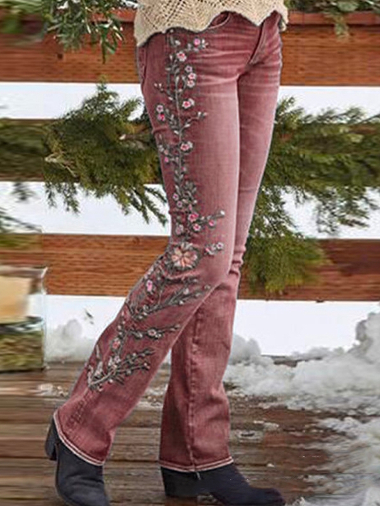 Embroidered retro style embroidered straight-leg jeans