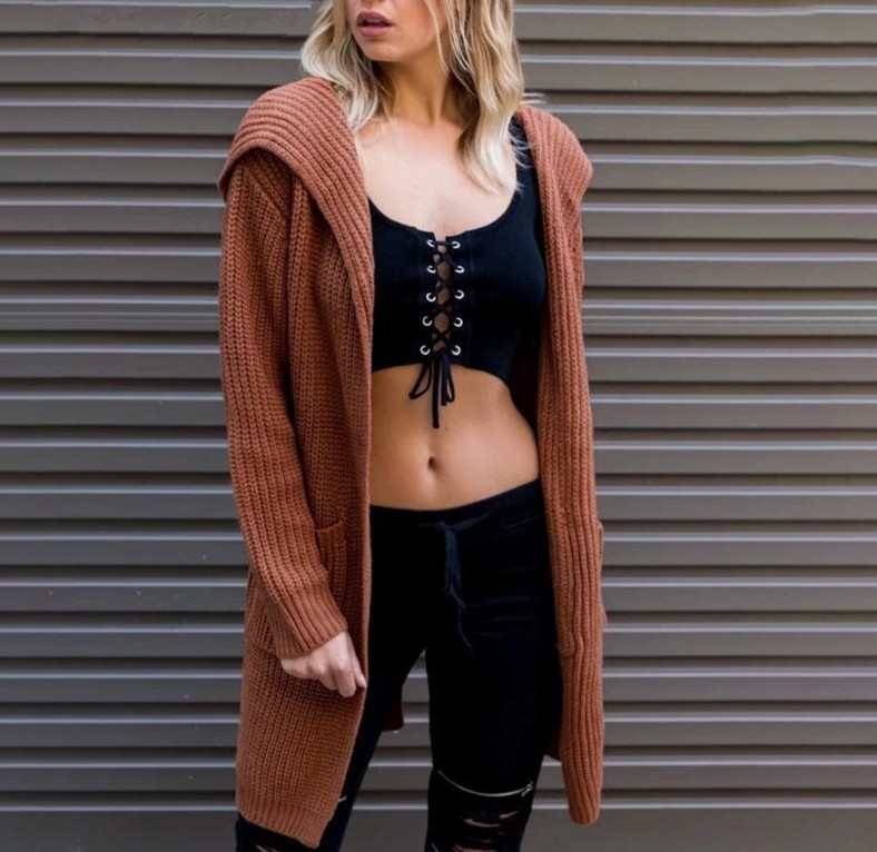 Hooded knitted cardigan jacket with laces and slits
