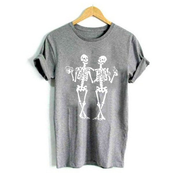 Dancing skull drinking beer funny printed casual women's T-shirt
