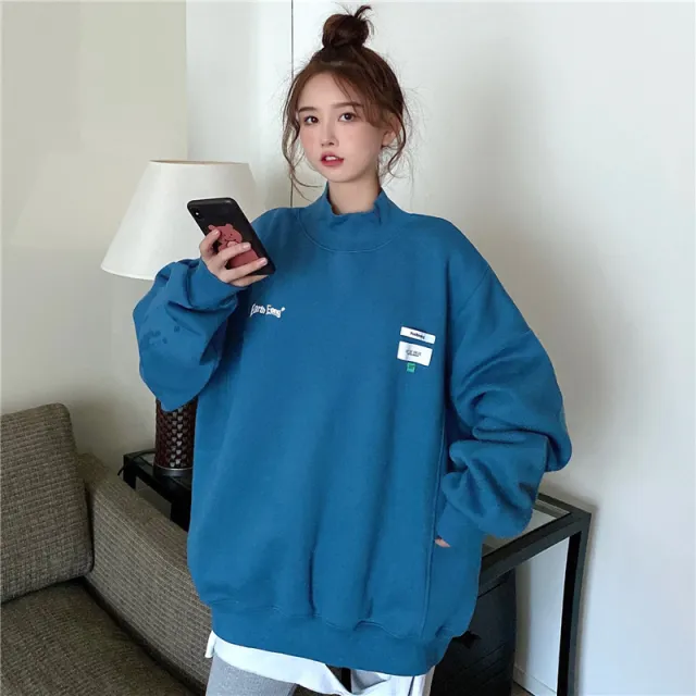 High neck velvet printed sweater on both sides Blue - Shop at LoveMi