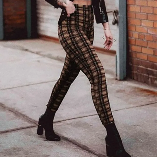 Plaid high waist leggings women casual pants Brown - Shop at LoveMi