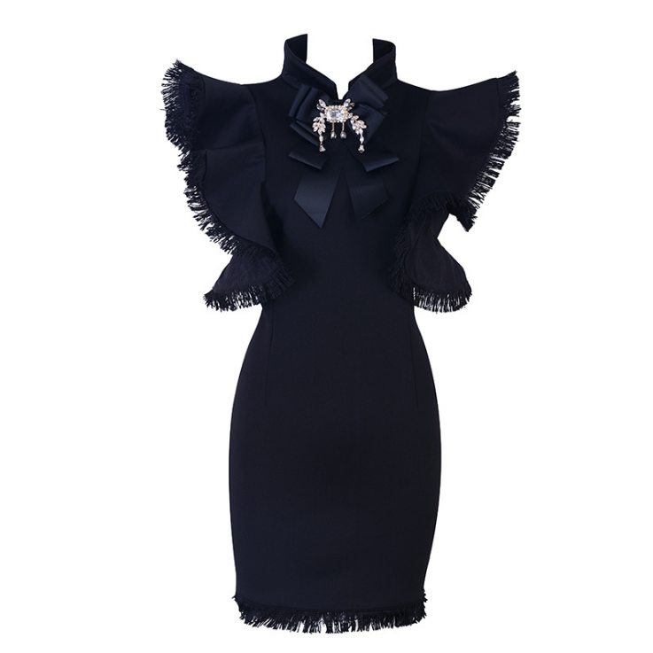 Ruffled fringed black dress
