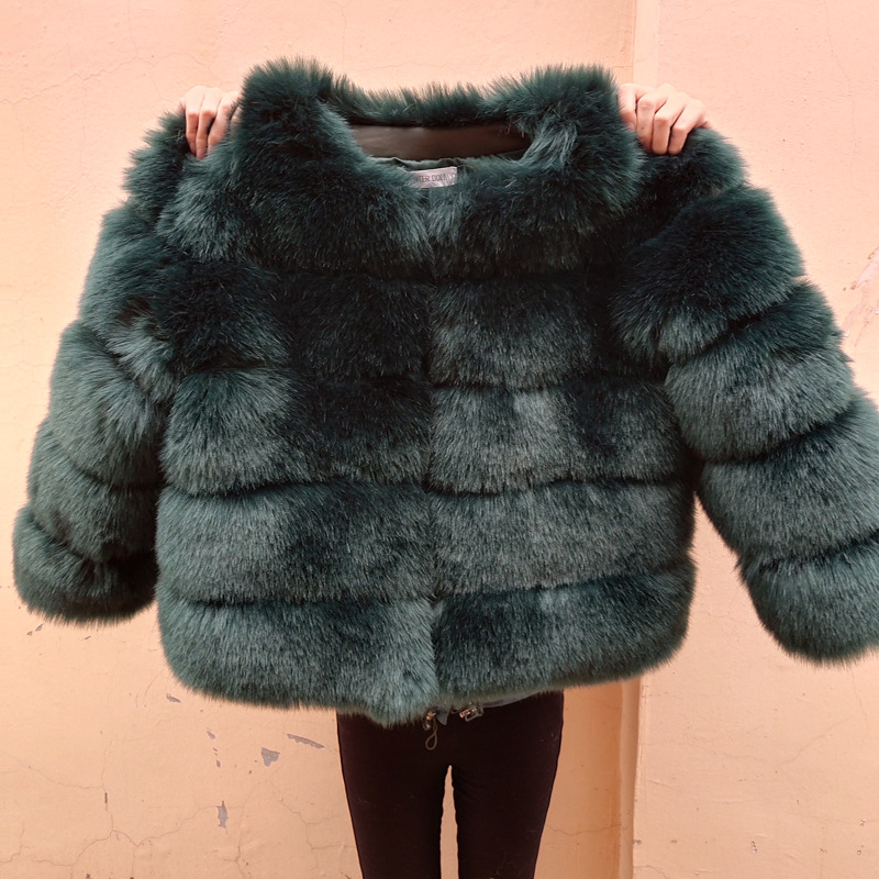 Slim short faux fox fur coat Dark Green - Shop at LoveMi