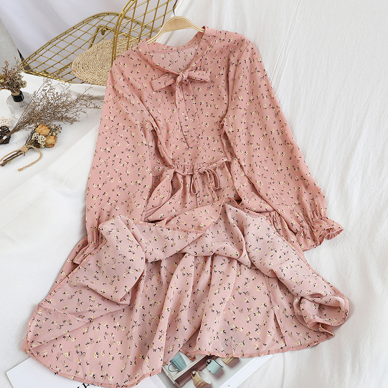College style tie stand collar waist bottoming midi skirt spring floral A line dress Pink - Shop at LoveMi