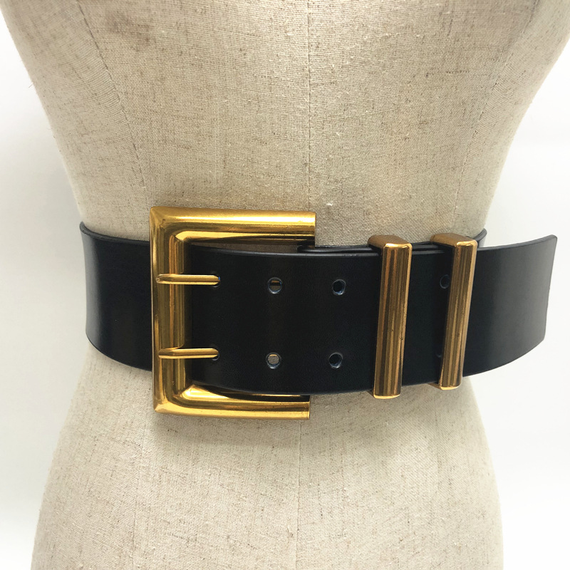 Leather pin buckle girdle ultra-wide two-layer leather retro belt