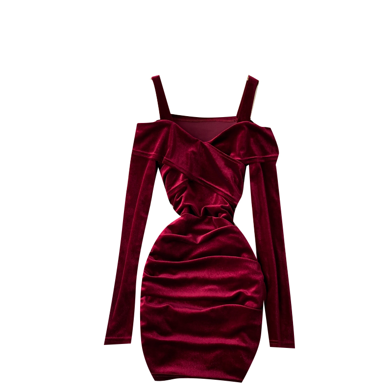 Vintage velvet off-shoulder long sleeve dress