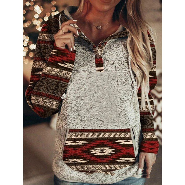 European and American loose print hit color long-sleeved pullover hooded ladies sweater