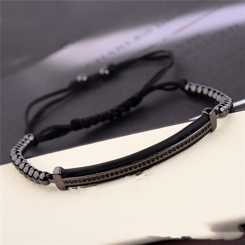 Featured long hand-woven bracelet with black diamonds