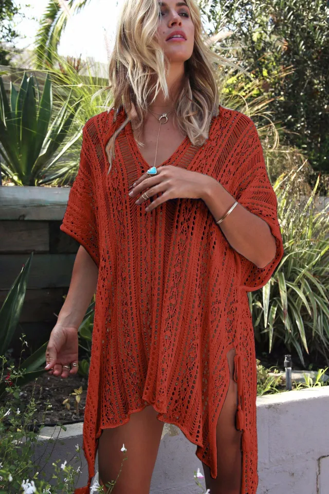 Knitted Hollow Loose Bikini Blouse Red - Shop at LoveMi