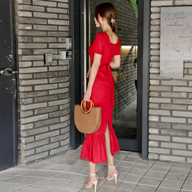 Ladies elegant temperament red long ruffled slit dress