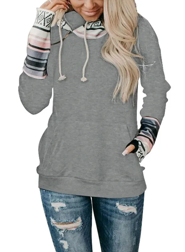 Women's color block hooded street style pullover sweater Grey - Shop at LoveMi