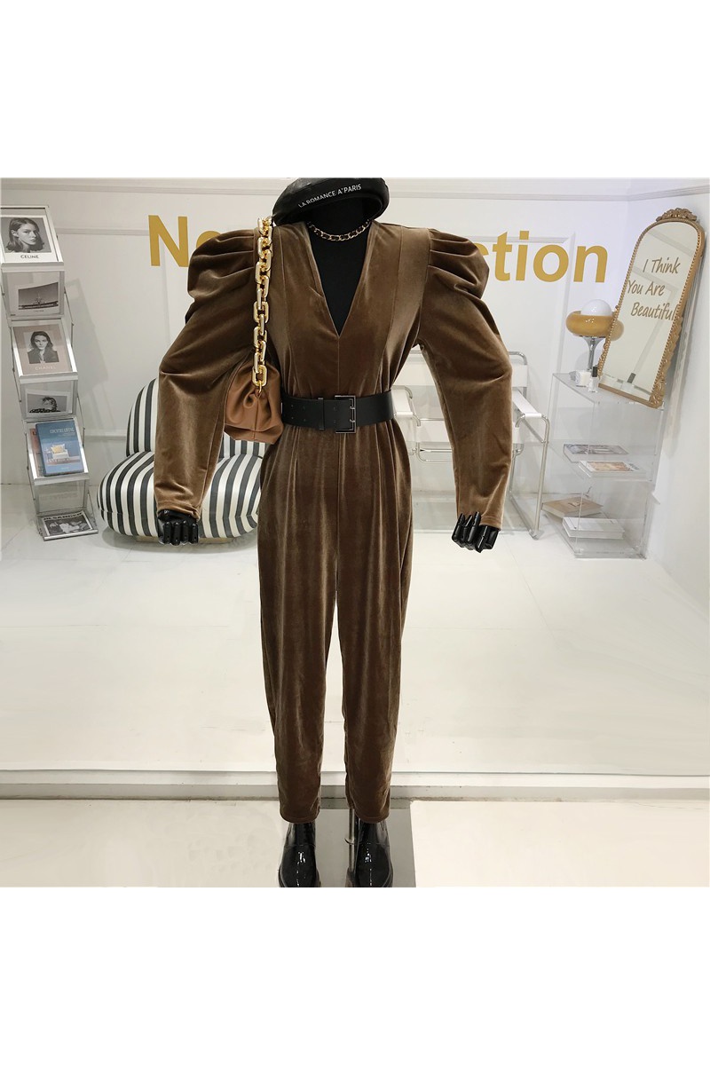 Velvet V-Neck Puff-Sleeve Jumpsuit, picture 6 of 7