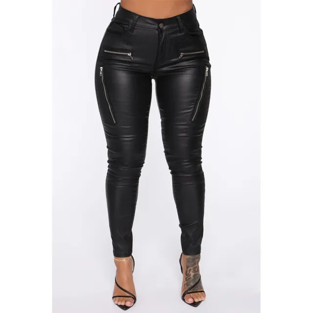 Women's Zippered Mid rise Leather Pants Black - Shop at LoveMi