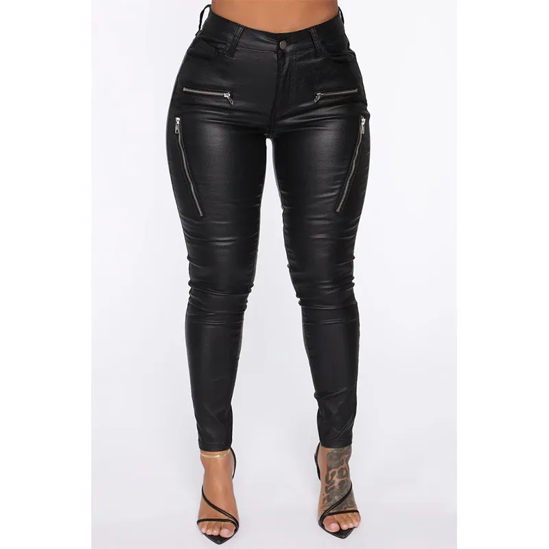 Women's Zippered Mid-rise Leather Pants - Black