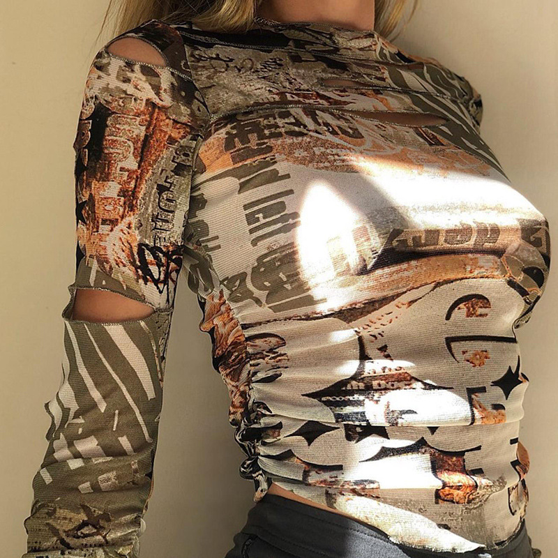 Round neck long sleeve printed plus size t-shirt