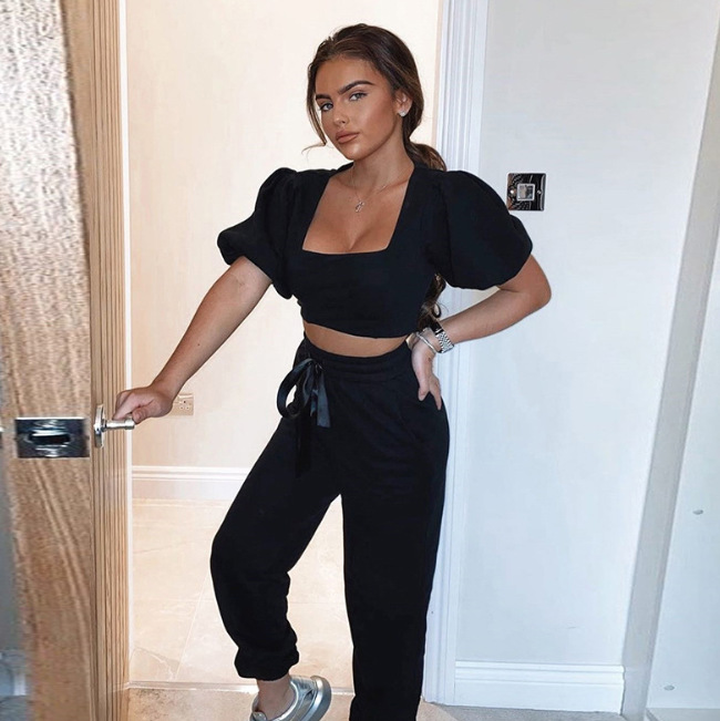 Lantern sleeve with square collar navel crop set