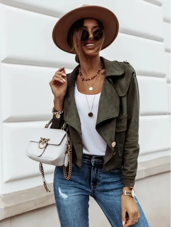 Long sleeve lapel deerskin velvet button jacket Dark Green - Shop at LoveMi