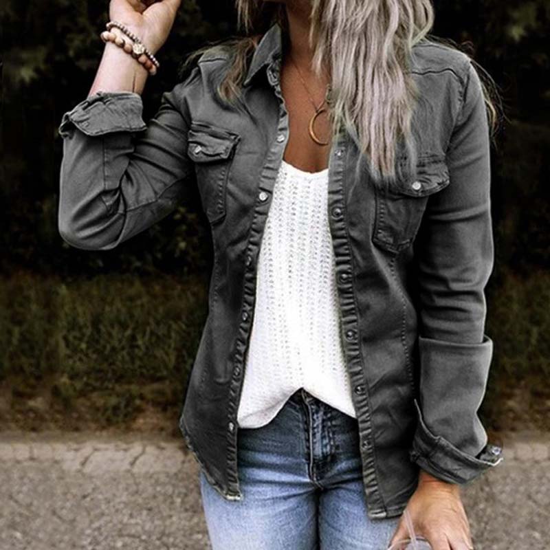 European and American mid length denim jacket women Black - Shop at LoveMi