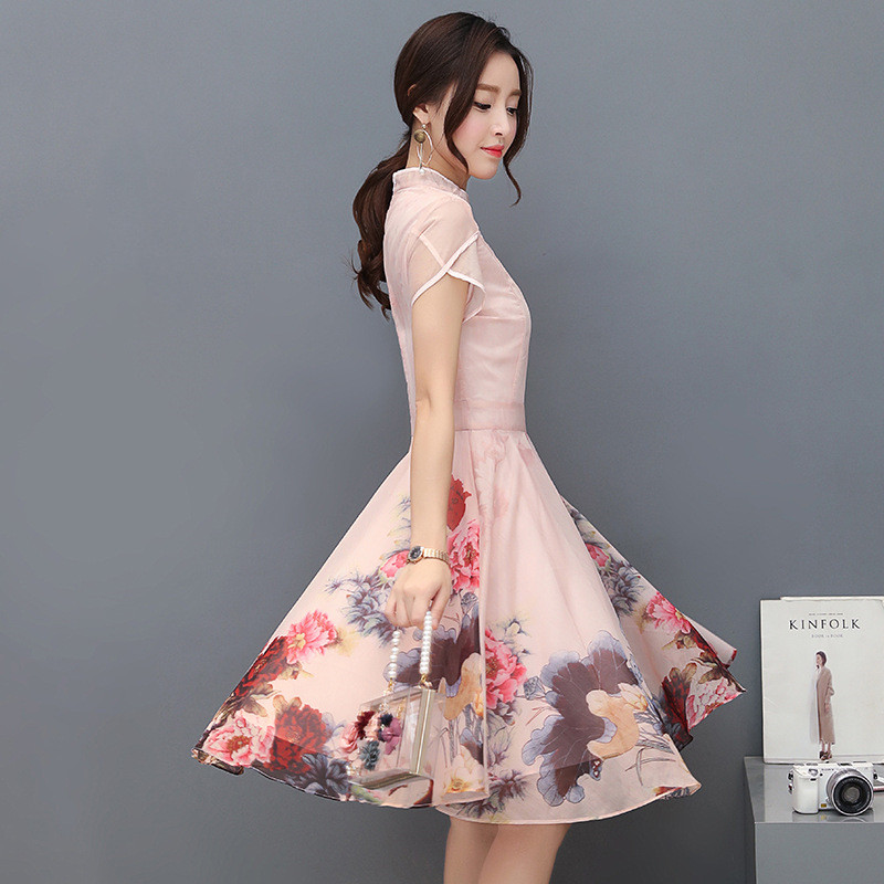 Organza Printed Pink Slim Dress with A-line Skirt