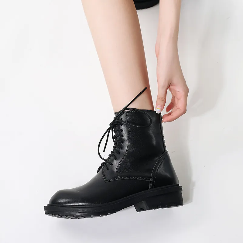 Lace up thick heel British style Martin boots - Low Pile-38