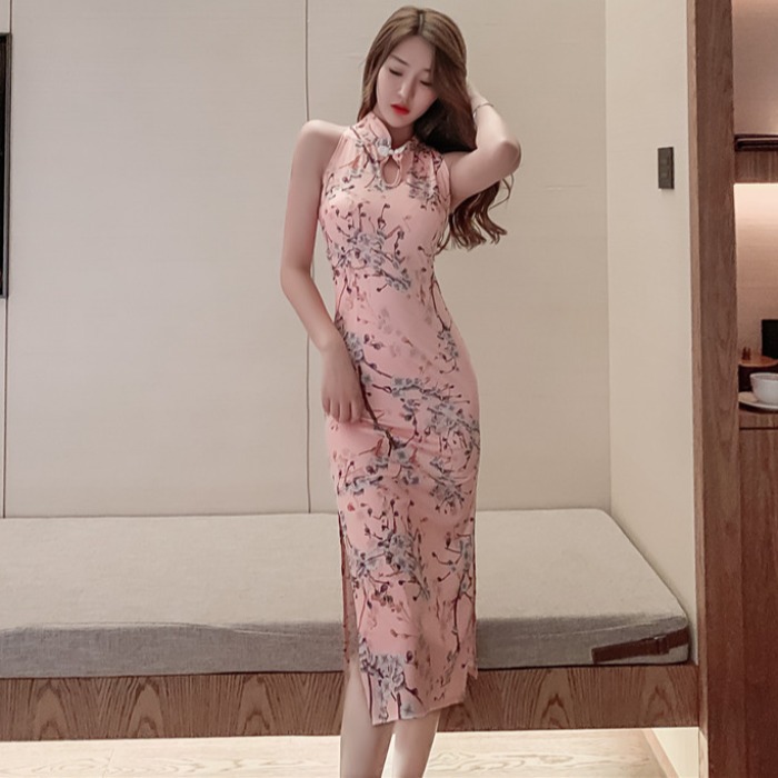 Hollow retro flower cheongsam mid-length slit dress