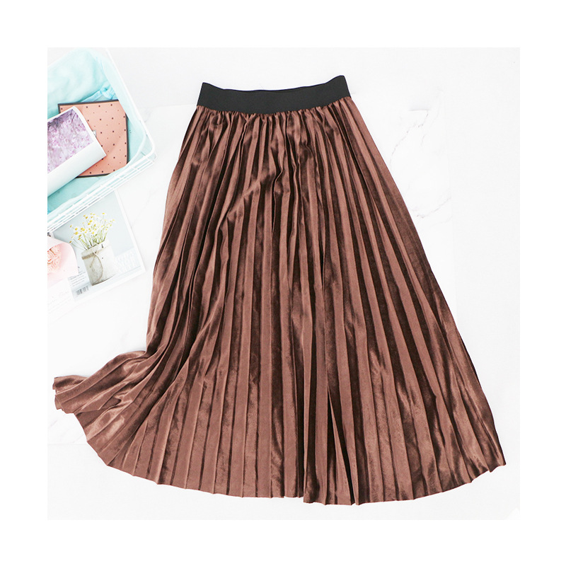 High waist slim velvet pleated skirt