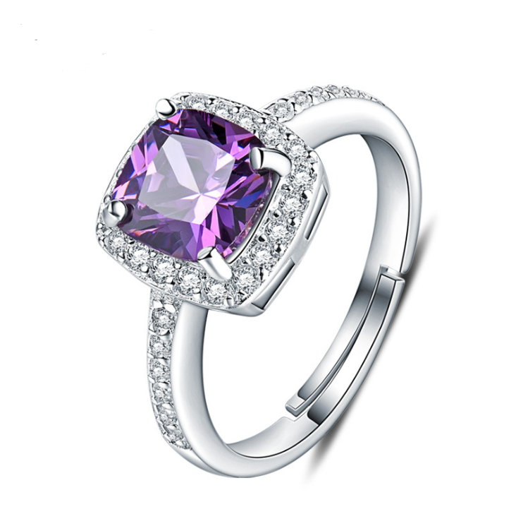 925 Sterling Silver Girl Korean Temperament Diamond Amethyst Ring Tail Ring