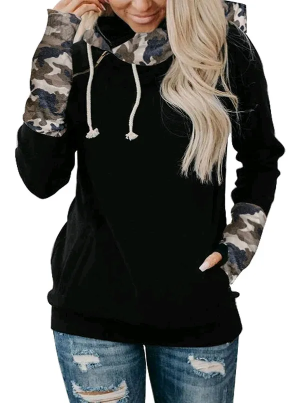 Women's color block hooded street style pullover sweater Black - Shop at LoveMi