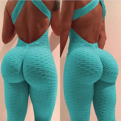 Yoga Jumpsuit Cross Design Backless Tracksuit Full Bodysuit Blue - Shop at LoveMi
