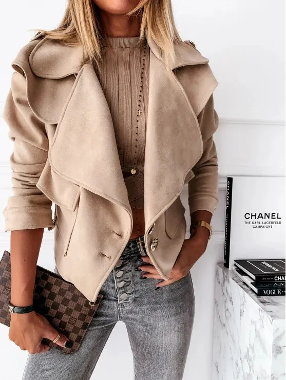 Long sleeve lapel deerskin velvet button jacket Khaki - Shop at LoveMi