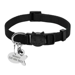 Personalized Safety Breakaway Nylon Quick Release Cat Collar ID Tag Set - Black - View 1