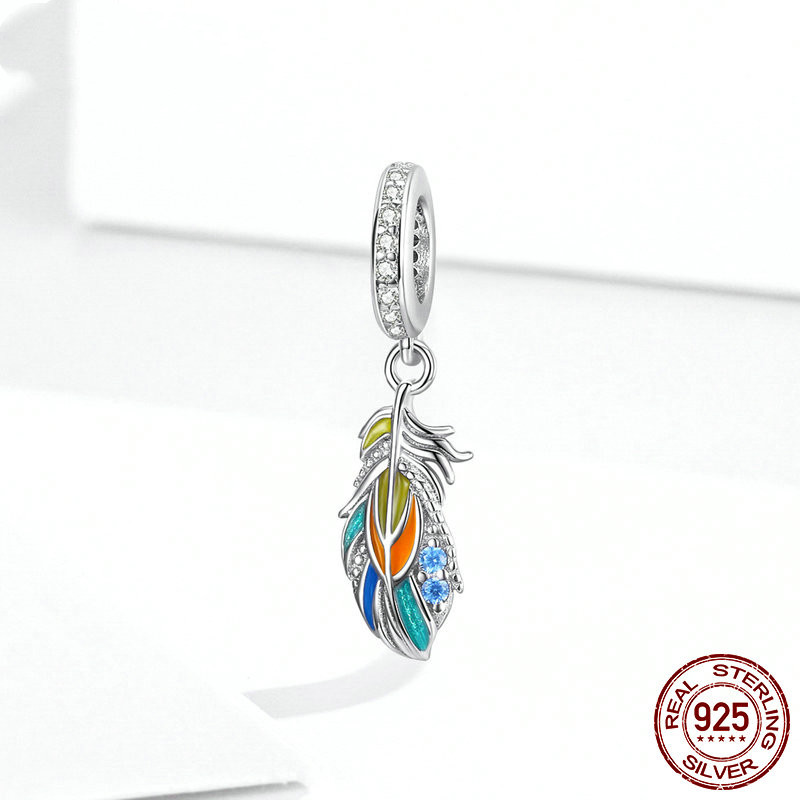 Panjia blue colorful feathers sterling silver rainbow loose beads Photo Color - Shop at LoveMi