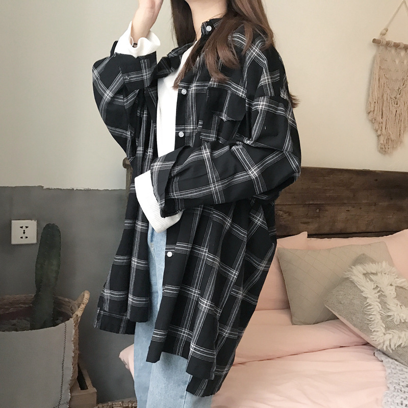 Women's loose plaid all-match mid-length shirt