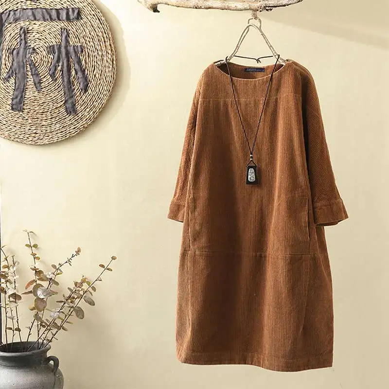 New solid color dress Korean loose three-quarter sleeves - Yellow