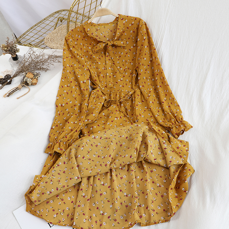College style tie stand collar waist bottoming midi skirt spring floral A line dress Yellow - Shop at LoveMi
