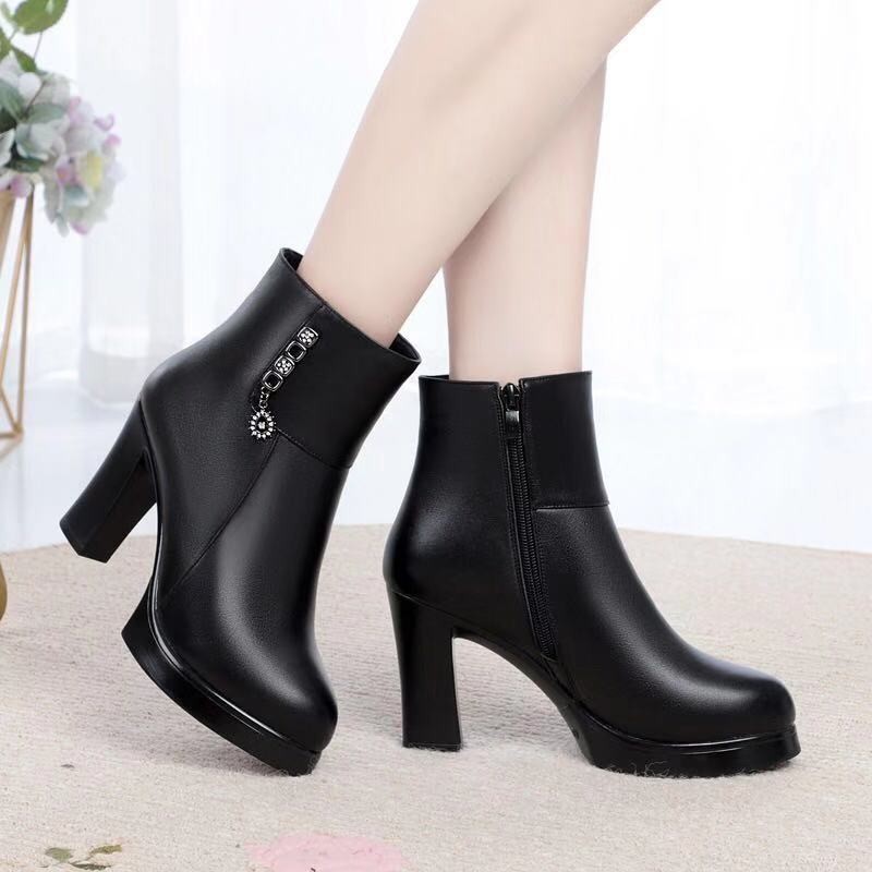 Plush leather high heel boots