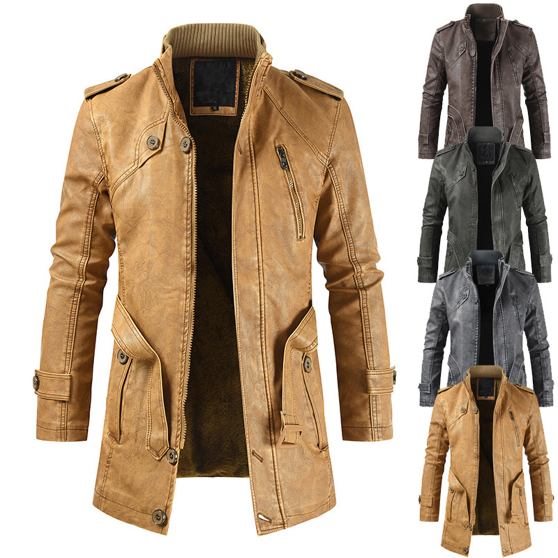 Brown mid-length leather jacket