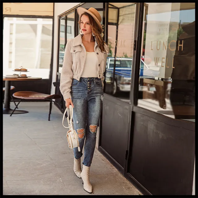 Elegant and warm women's fur coat beige short long sleeves Khaki - Shop at LoveMi
