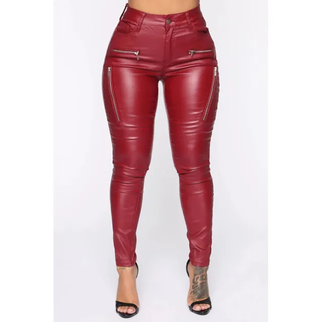 Women's Zippered Mid rise Leather Pants Red - Shop at LoveMi
