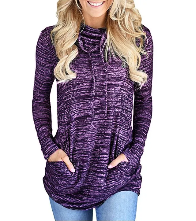 Sporty style piled collar pocket loose sweater T shirt Purple - Shop at LoveMi