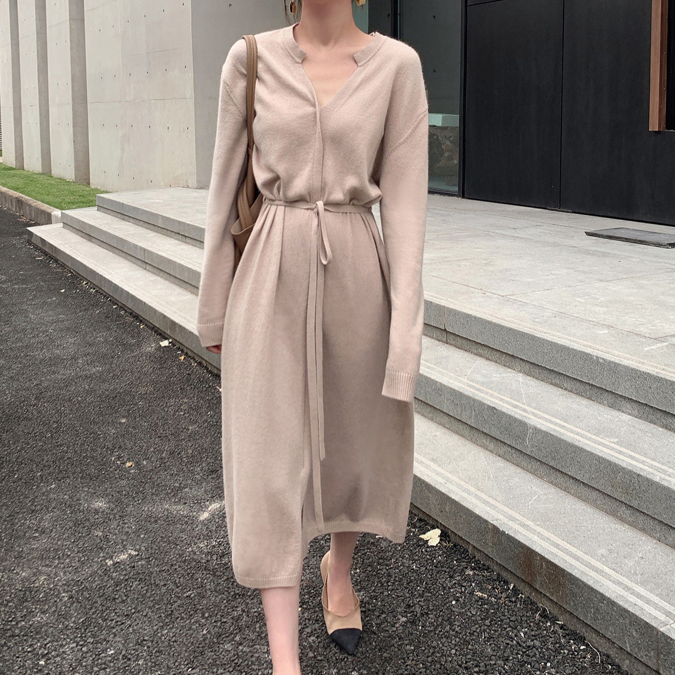 Mid length over knee drawstring waist knit dress