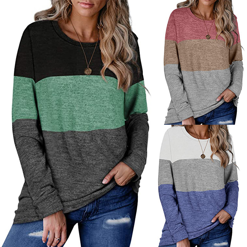 Women's round neck pullover color block sweater