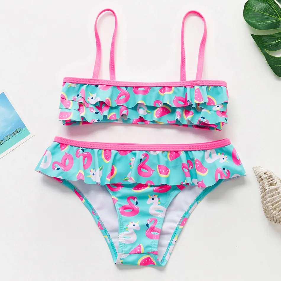 Fashion New Flamingo Split Ruffled Girls Bikini Suit