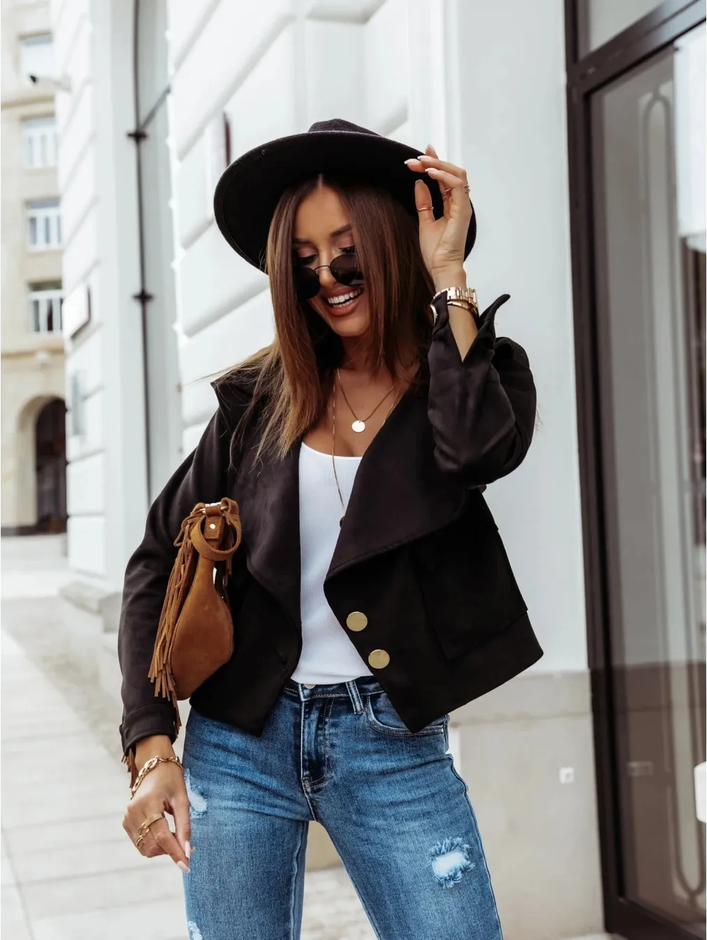 Long sleeve lapel deerskin velvet button jacket - Black